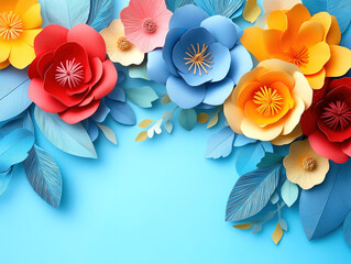Colorful paper blooms on blue background with center copyspace