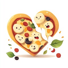 Fototapeta premium A heart-shaped pizza with kid-friendly toppings like smiley faces, playful and fun, cartoon design, isolated on white background.