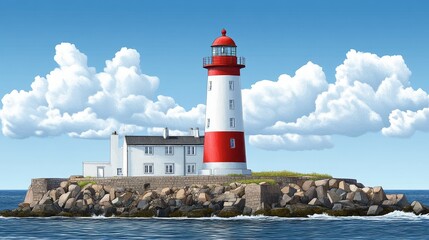 A picturesque red and white lighthouse stands on a rocky islet amidst a bright blue sea and fluffy clouds