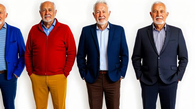Four men in suits and ties stand in a row. The men are all wearing different colored suits and ties. Concept of formality and professionalism