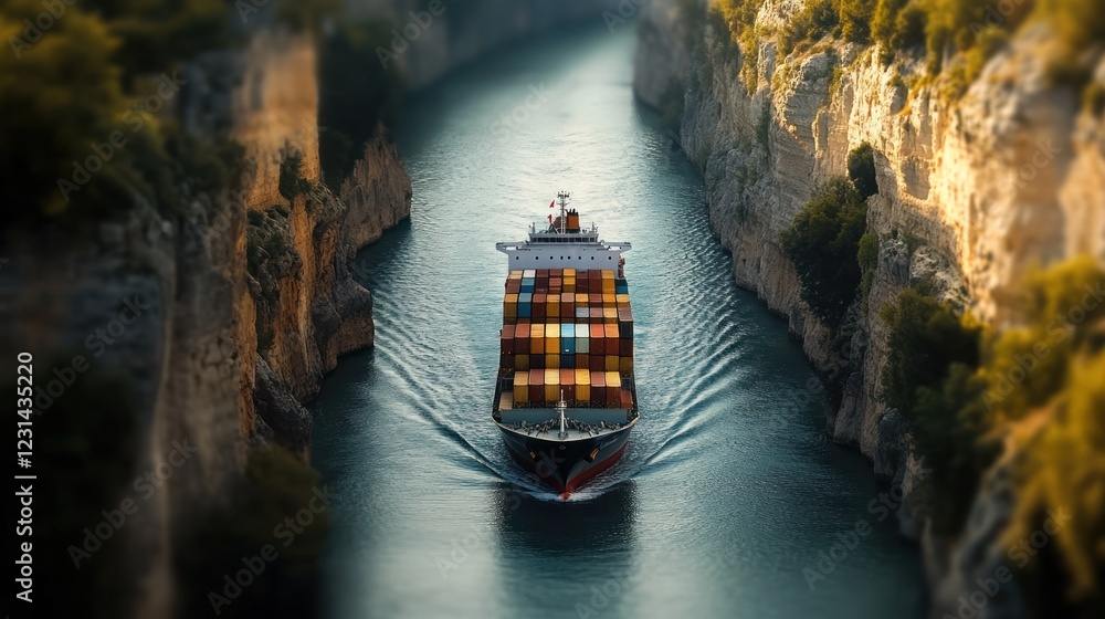 Poster container ship navigating a narrow channel between steep cliffs.