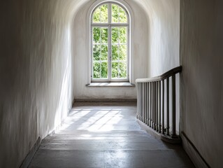 Fototapeta premium Sunlit hallway with arched window and wooden banister.