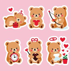 A set of six adorable cartoon bear stickers, perfect for Valentine's Day or general use