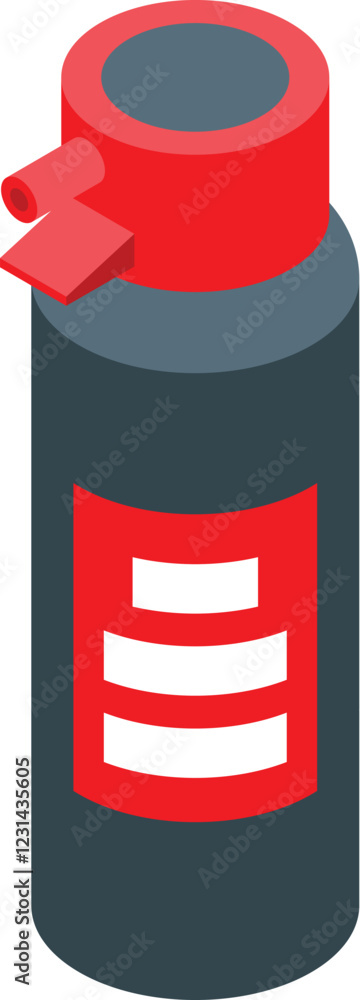 Poster isometric projection of a spray can with red cap and label on grey background