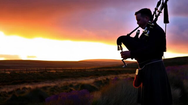 Silhouette of a lone bagpipe player at sunset, dramatic and emotional atmosphere
