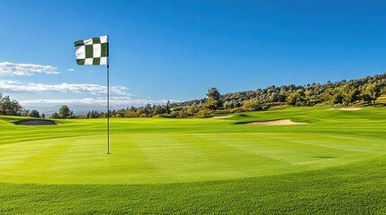 Obraz premium Scenic Golf Course Landscape with Flag and Clear Blue Sky