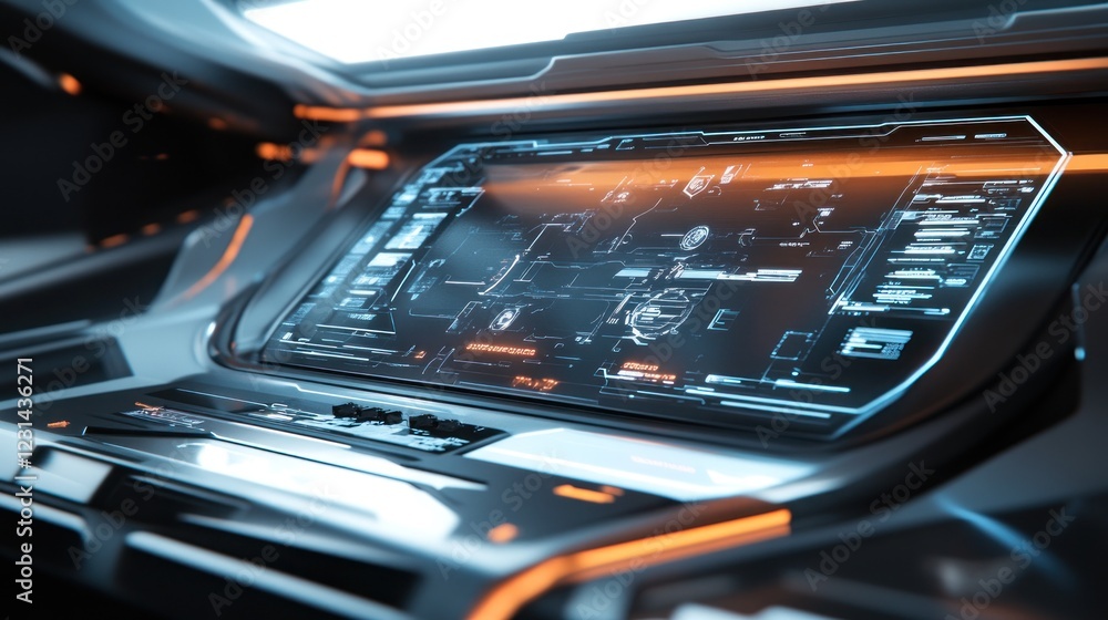 Aufkleber futuristic car dashboard with holographic display showing navigation, controls, and data.