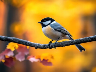 Obraz premium Small bird perched on a branch amidst autumn leaves.