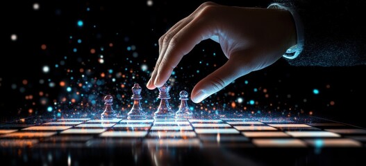 Hand moving chess piece on glowing board.