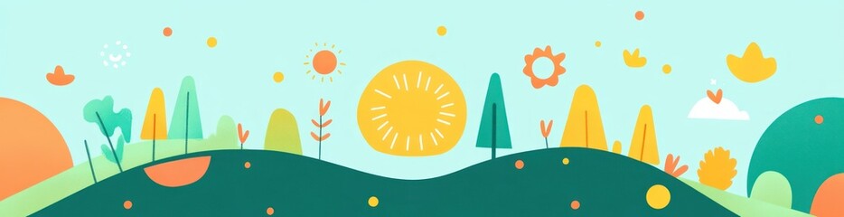 Idyllic cartoon landscape with sun, hills, trees, and flowers.