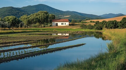 Rural farmhouse reflecting in flooded farmland, hills