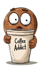 Worried cookie holding large coffee cup; caffeine addiction; cartoon style; social media post isolated on transparent or white background. Generative ai