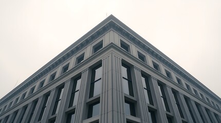 Fototapeta premium Modern architecture, imposing building, angular facade, gray stone exterior, symmetrical windows, low angle view, overcast sky, monochromatic palette, urban landscape, geometric patterns, institutiona