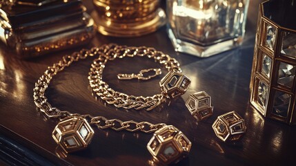 A modern take on statement pieces with geometric earrings and chunky chain necklaces, elegantly arranged.