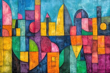Obraz premium An abstract cityscape with distorted geometric shapes and bold colors, symbolizing urban life and movement.