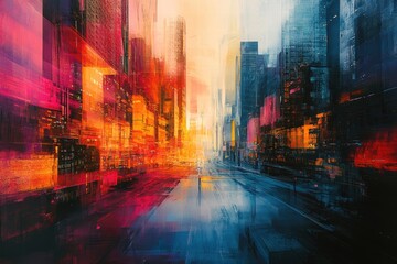An abstract cityscape with distorted geometric shapes and bold colors, symbolizing urban life and movement.
