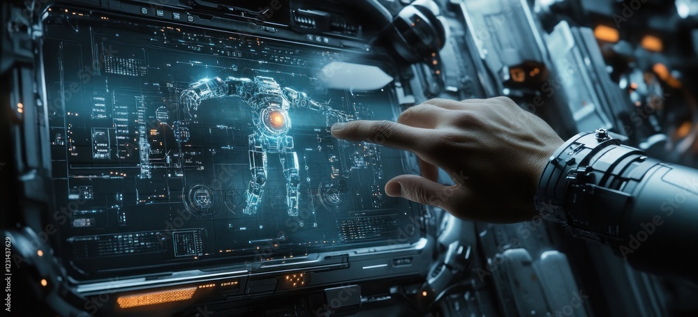 Aufkleber futuristic hand interacts with a holographic robot design on a high-tech interface.
