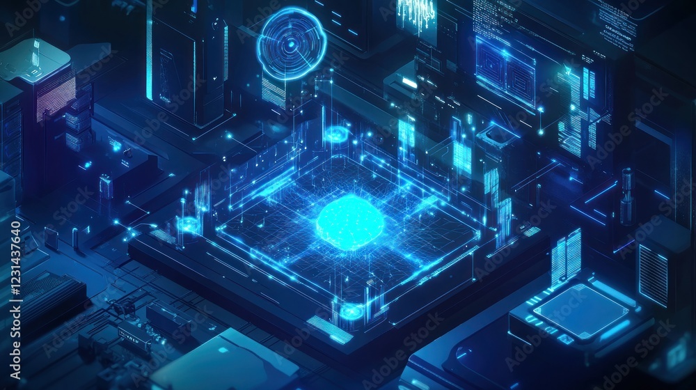 Poster futuristic digital brain core with glowing blue circuits and data streams.