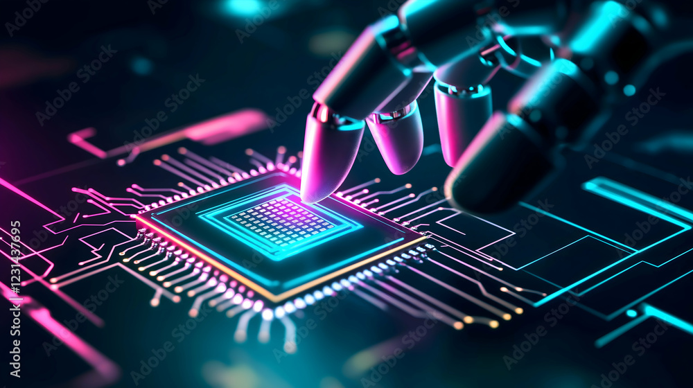 Aufkleber a robotic hand interacts with a colorful microchip, symbolizing the fusion of technology and artific