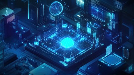 Futuristic digital brain core with glowing blue circuits and data streams.