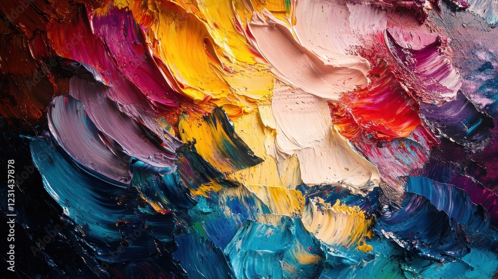 Poster creative photograph of an artist using a palette knife to add texture to a canvas, with focused ligh