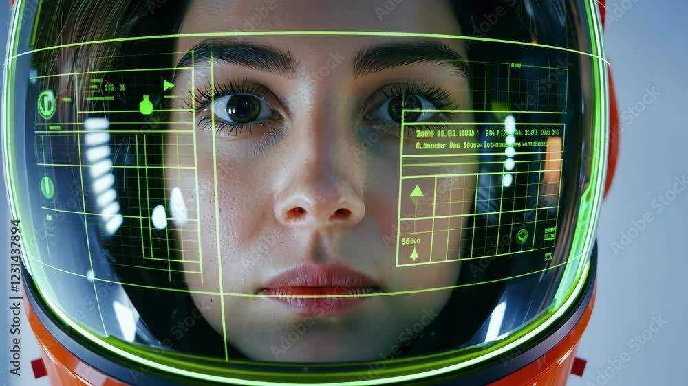 Poster woman in orange space helmet with digital display on visor, showcasing futuristic technology and dat