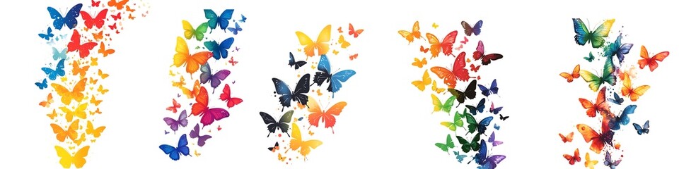 Set of flying watercolor butterflies isolated on transparent background
