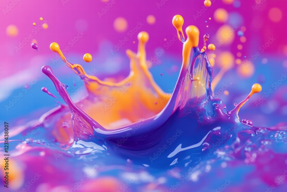 Poster macro shot of multi-colored splashes of paint on a surface, with softly focused details, creating an