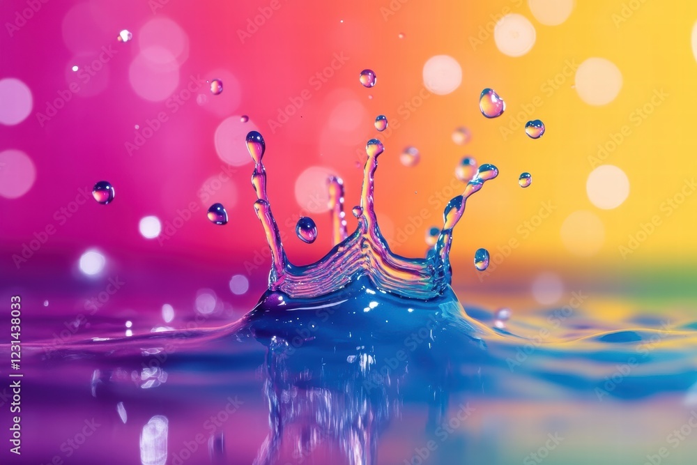 Poster macro shot of multi-colored splashes of paint on a surface, with softly focused details, creating an