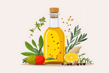 Flat design of a bottle of olive oil with fresh herbs and spices. Vector illustrations concept