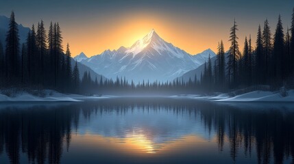 Fototapeta premium Majestic Sunrise Over Snowy Mountains Reflected in a Calm Lake