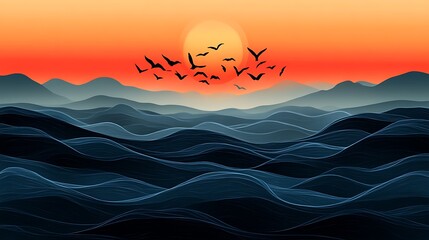 Sunset Ocean Landscape with Birds and Mountains