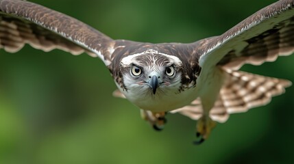 Fototapeta premium Closeup Of A Brown And White Hawk In Flight Against A Green Background
