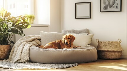 A Scandinavian-style living room with a designer dog bed, neutral colors, and cozy textiles