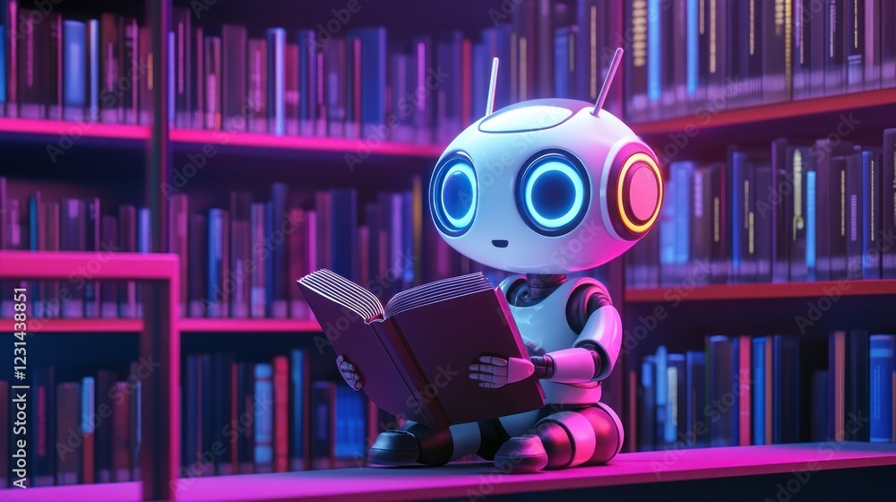 Poster robot reading book in colorful library setting