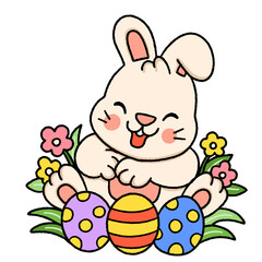 Easter eggs celebration , Cute bunny rabbits with Easter eggs . Easter day