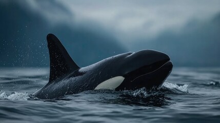 Fototapeta premium Majestic Killer Whale Emerges from Dark Waters with a Dark Cloudy Sky Behind it