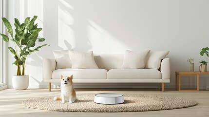 A smart home living room with a tech-friendly pet camera and automatic feeding station
