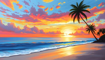Sunset Paradise: Vibrant Beach Scene with Palm Trees