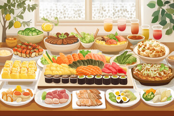 Flat design of a buffet table filled with colorful and diverse food items. Vector illustrations concept