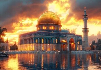 Obraz premium Dome of the Rock at Sunset, with Reflection on Water