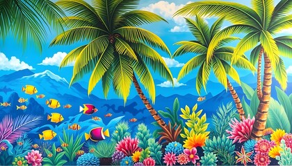 Vibrant Tropical Paradise: Underwater Wonders and Lush Palm Trees
