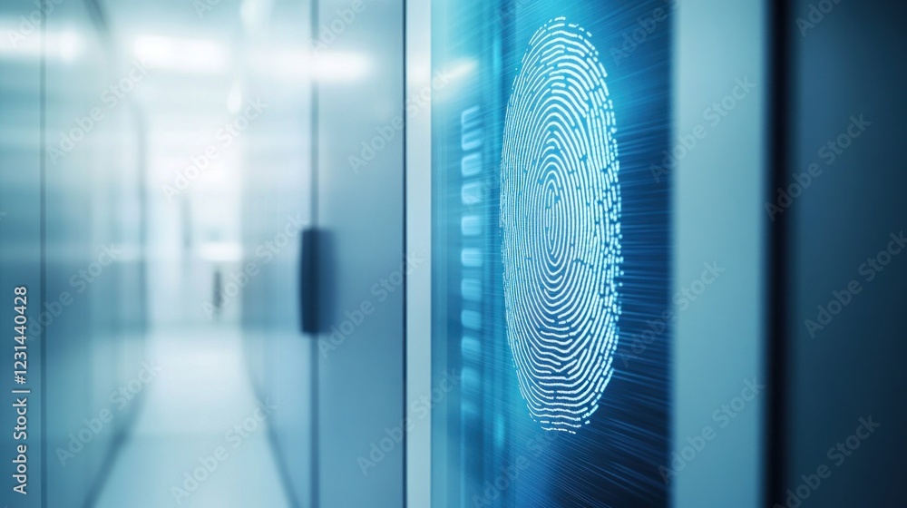 Poster digital fingerprint scan in high-tech data center corridor