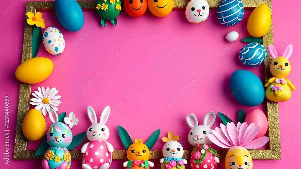 Poster pink background with a frame of easter eggs and a pair of rabbits. the easter eggs are scattered thr