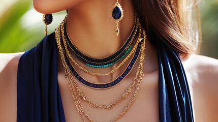 A sophisticated mix of statement accessories with bold designs, featuring layered chunky necklaces and oversized earrings.