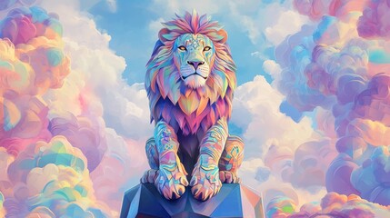 Colorful lion sitting on rock, pastel clouds, fantasy art, desktop wallpaper