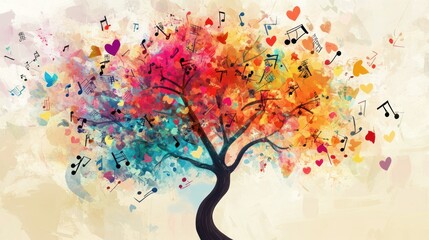 Fototapeta premium Vibrant Melodies: A Watercolor Tree of Music and Love