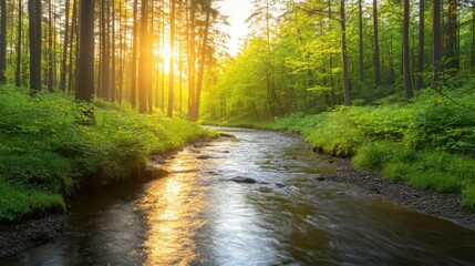 Obraz premium Lush forest stream, tranquil water flowing through green trees and bushes in natural landscape