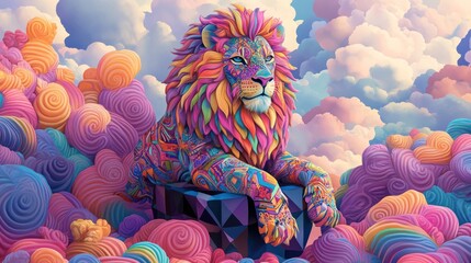 Colorful lion sitting on rock amidst swirling clouds; fantasy art