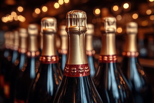 Champagne Bottles with Red Foil Caps Displayed in Modern Retail Environment - Powered by Adobe